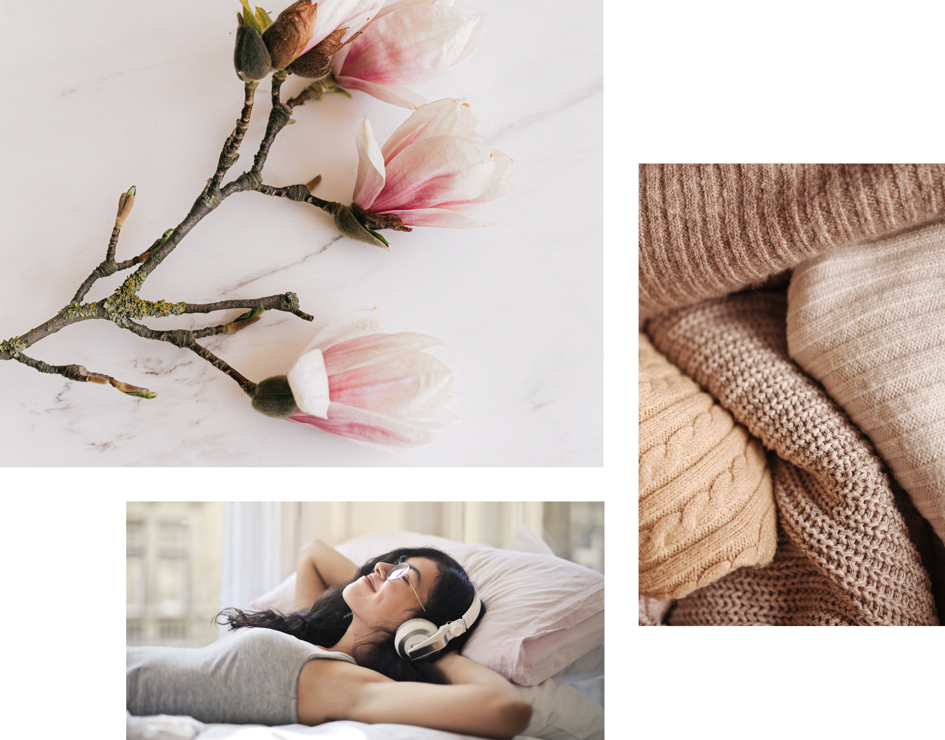 images showing texture, smell and woman listening to music